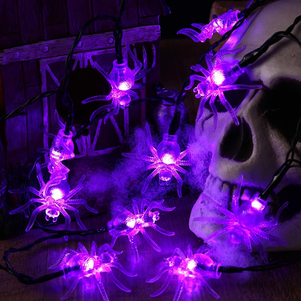 Purple Spider Lights 10/20 светодиодный Хеллоуин ободок с хэллоуинской тематикой летучая мышь череп струнная лампа домашний сад вечерние наружные украшения Хэллоуин фонарь - Испускаемый цвет: Purple Spider Lights