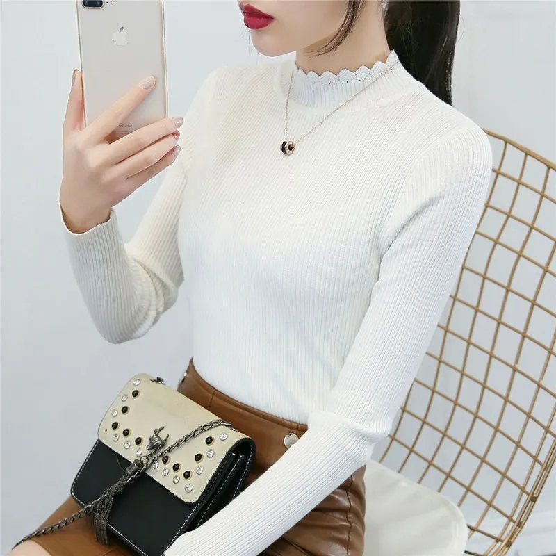sweaters ladies wool Half necked white sweater woman long-sleeved sweater sweater autumn  winter new short slim tight sweater