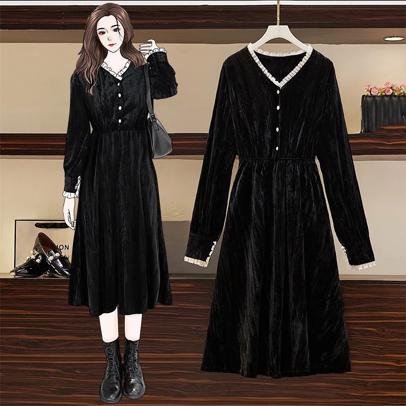 Женское весеннее черное бархатное однобортное платье-миди с длинным рукавом