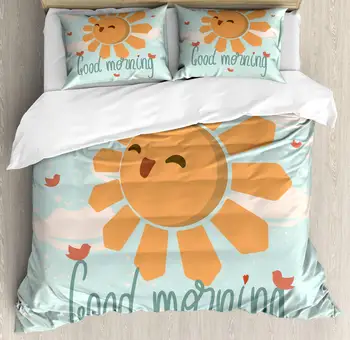 

Saying Duvet Cover Set Smiling Happy Sun and Birds 3 Piece Bedding Set Pale Blue Apricot
