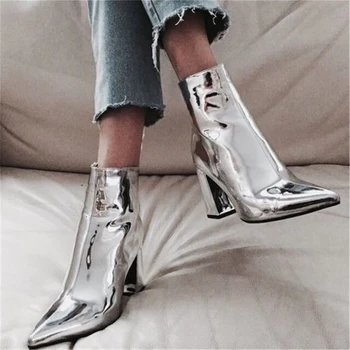 

Genuine Leather Mirror Women Ankle Boots Sexy Chunky High Heels Martin Boots Runway Pointed Toe Motorcycle boots botas mujer 40