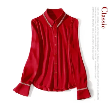 

New ol Lapel color contrast embroidery long sleeve single breasted and all around silk double Satin Shirt Top Female