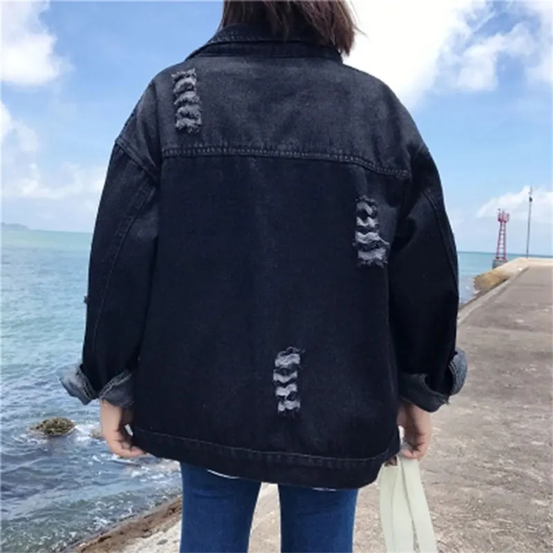 discounted Turn-down Collar Black Loose Denim Jackets Women Casual Korean Style Jean Coats Plus Size Female Fa
