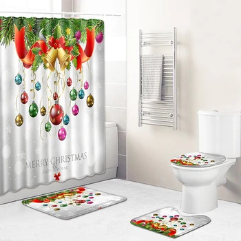 

Christmas Bathroom Set Anti Skid Decor Shower Curtain Carpet Bath Toilet Cover