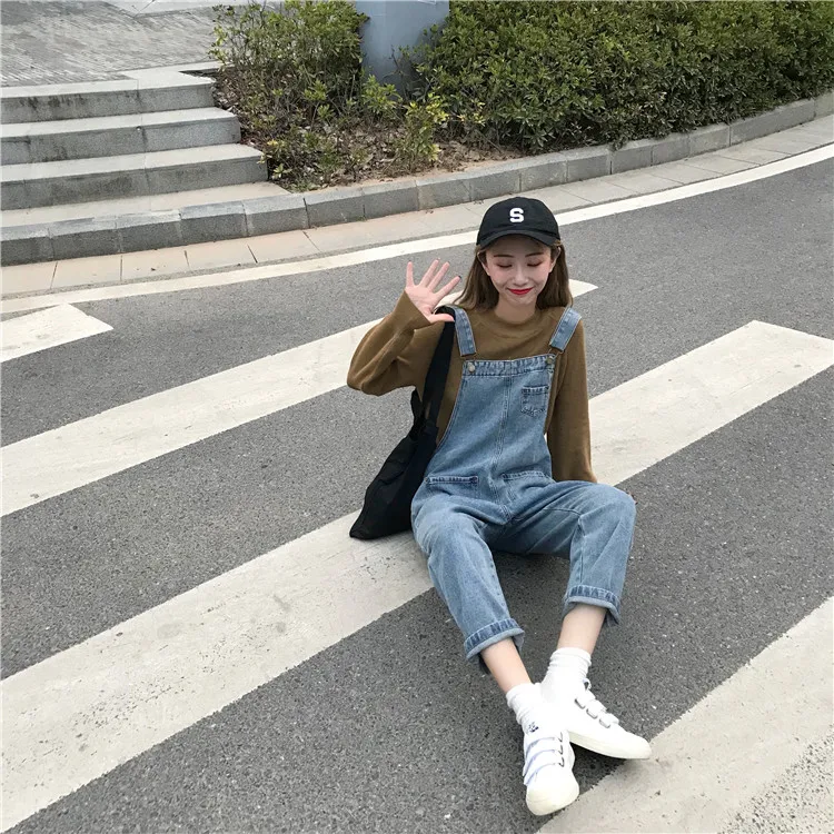 moda feminina Korean Jeans overalls pockets high waist regular elastic waist casual style autumn hot Women's Clothing ins Female