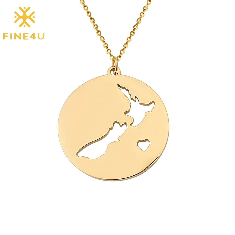 

FINE4U N289 New Zealand Map Pendant Necklace Stainless Steel Round Coin Necklace For Women Country Map Jewelry