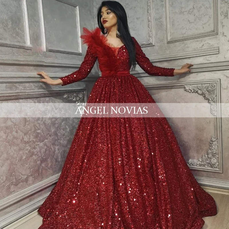 

Long Sleeves Burgundy Lace Ball Gown Evening Dress 2020 Arabic Abendkleider Robe De Soiree Longue 2019 Evening Party Gowns