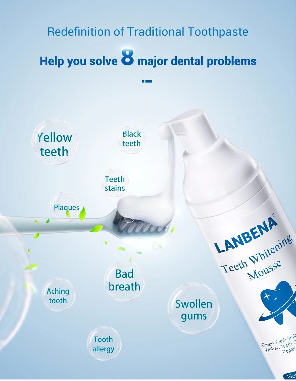 LANBENA, отбеливающий мусс для зубов, зубная паста, гигиена полости рта, удаление пятен, зубной налет, чистка зубов, средство для ухода за зубами, 60 мл