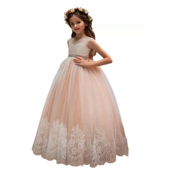 

Shiny Toddler Big Girl's High Waist Sleeveless Lace Loop Princess Wedding Party Flower Girl's Dress