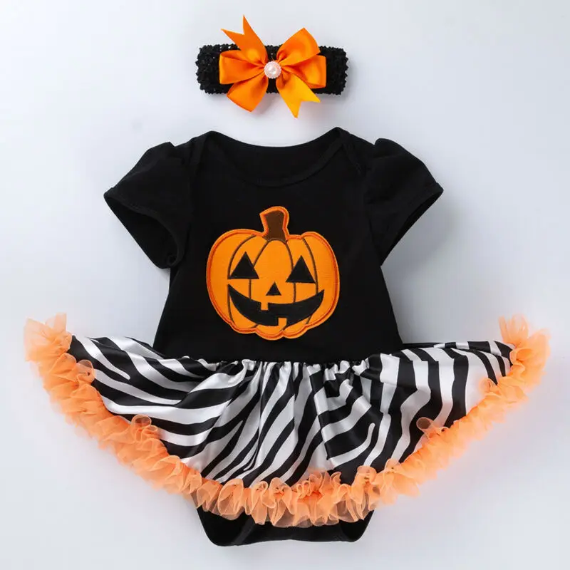 

Halloween Romper Newborn Kids Baby Girl Clothes Pumpkin Romper Outfit Tops Dress Headband Set 0-24 months
