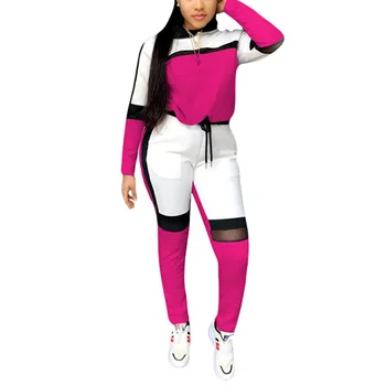 

2 Pcs Woman's Fashionable Casual Sports Suit, Contrast Color Long Sleeve Hooded Pullover, Elastic Slim Pencil Pants, Daily Life