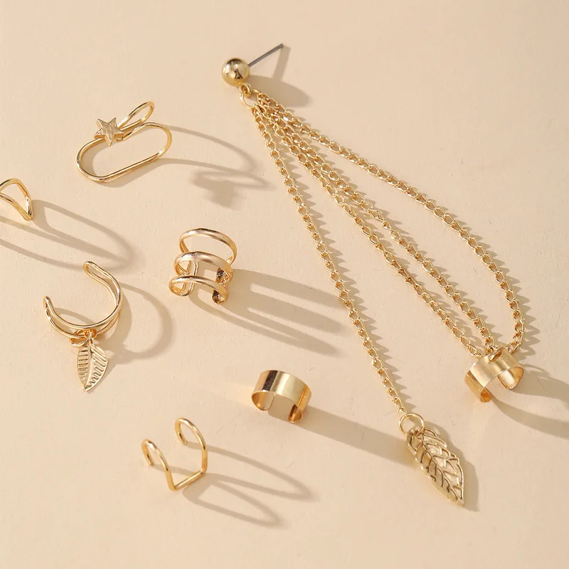 LATS Gold Color Leaves Ear Cuff Black Non-Piercing Ear Clip Earrings for Women Men Fake Cartilage Earring Cuff Jewelry Wholesale