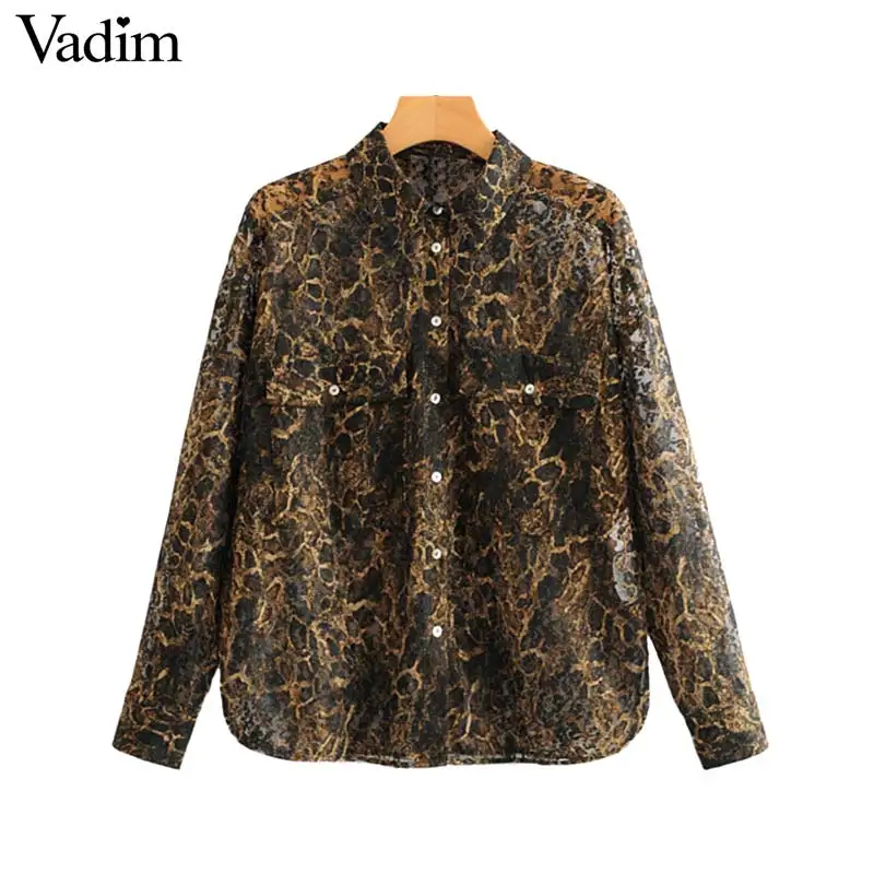 Vadim, женские модные блузки со змеиным принтом, с карманами, украшенные животным узором, с длинным рукавом, женские прозрачные шикарные топы, блузы LB644