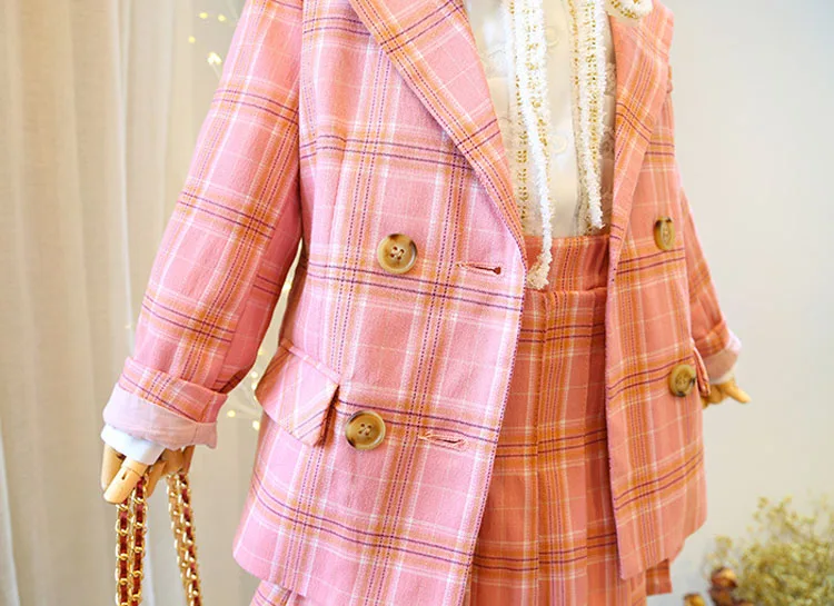 Free shipping spring autumn new brand plaid sets for baby girls blazers coats+ skirts 2cps suits children clothes kids ws1001