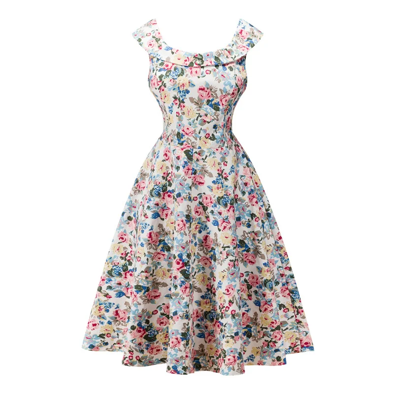 Kostlish A-Line Women Summer Dress Audrey Hepburn 50s 60s Floral Print Vintage Dress Women 2017 O-Neck Party Dresses Plus Size (42)