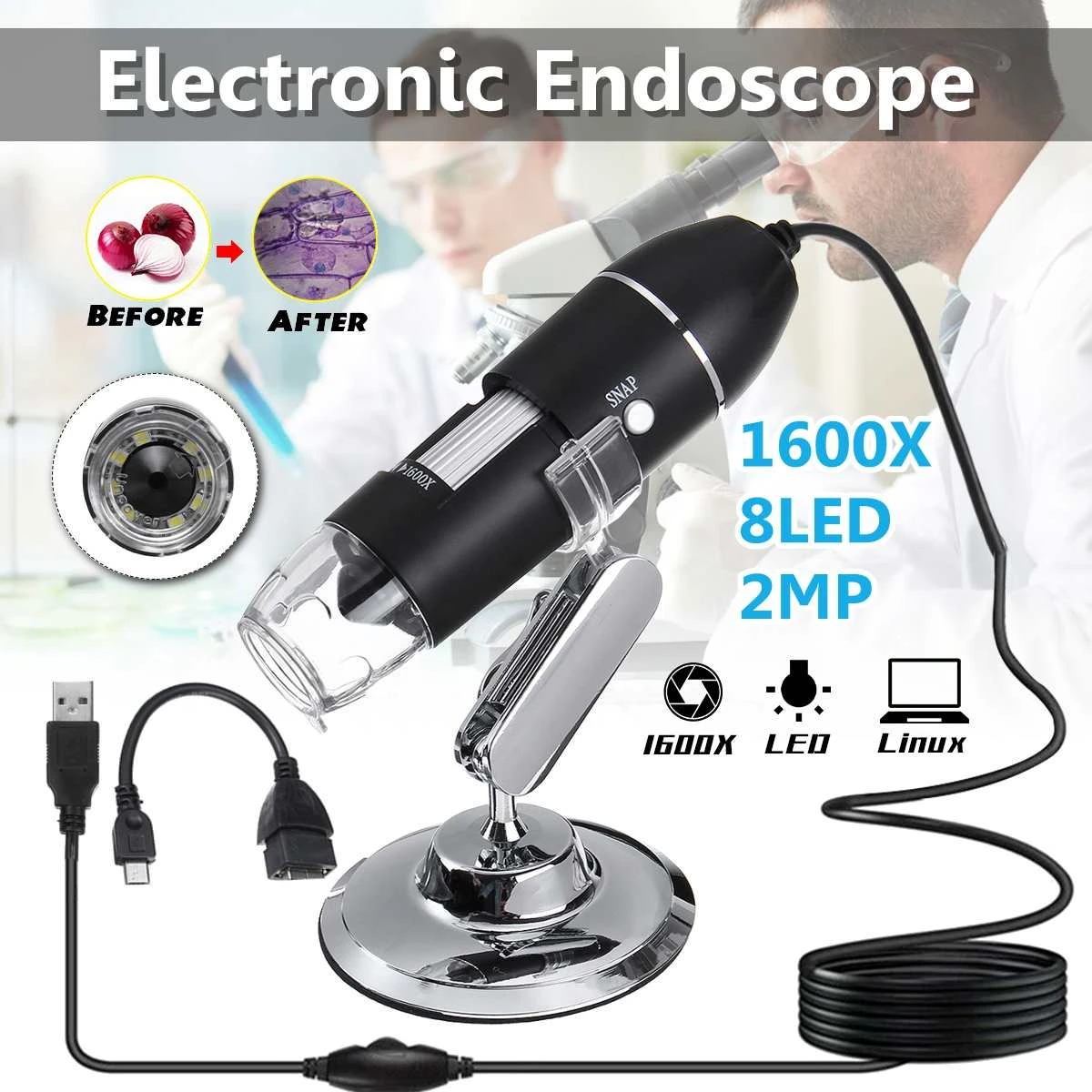 1600X USB Digital Microscope Camera Endoscope 8LED Magnifier with Metal Stand woodpecker edge ruler