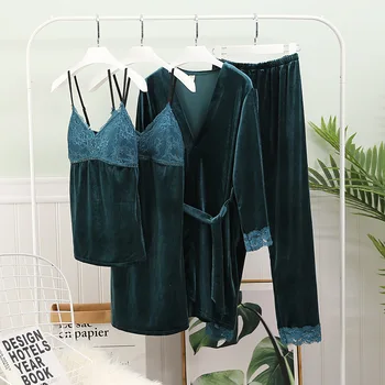 

4PCS Robe Set Lady Sleepwear Green Velour Strap Top&Pants Lace Patchwork pajamas suit With Belt Lougne Negligee Soft Home Wear