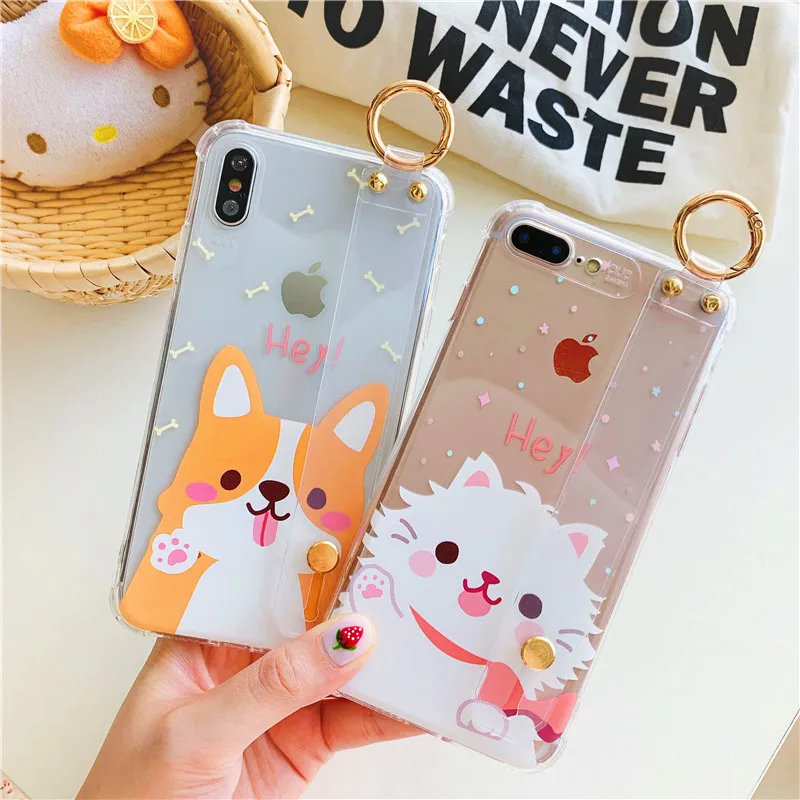 Stylish Cute Corgi cat Phone Case For iphone XS MAX XR X 8 7 6 6s plus Cases transparency Soft Shell Bracket Wrist Strap Cover |