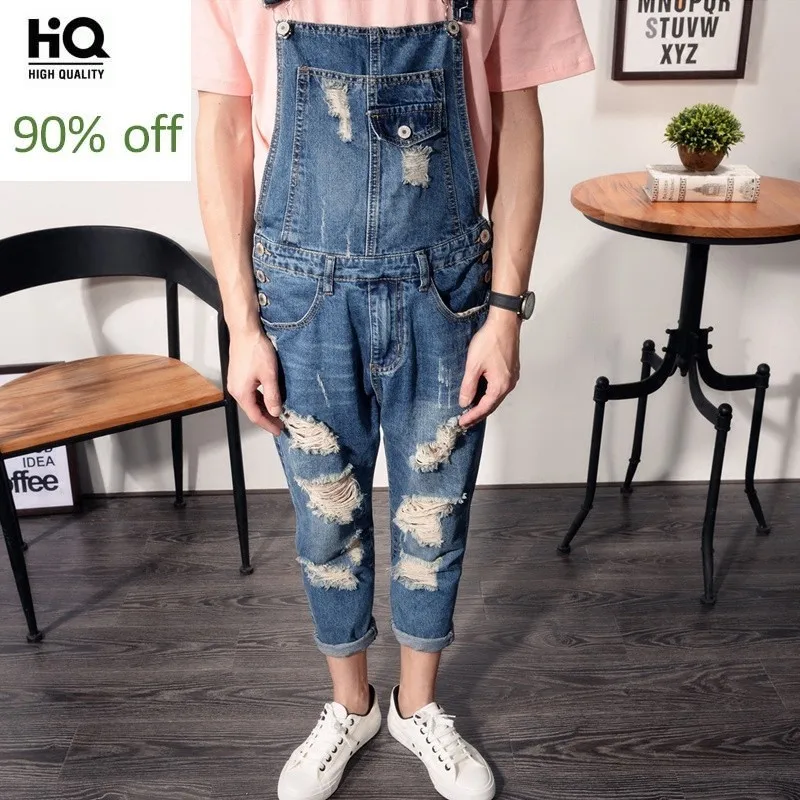 

Overalls Men 2020 Summer Fashion Hole Ripped Straight Loose Fit Casual Jumpsuit Washed Zipper Ankle-Length Pants Man Plus Size