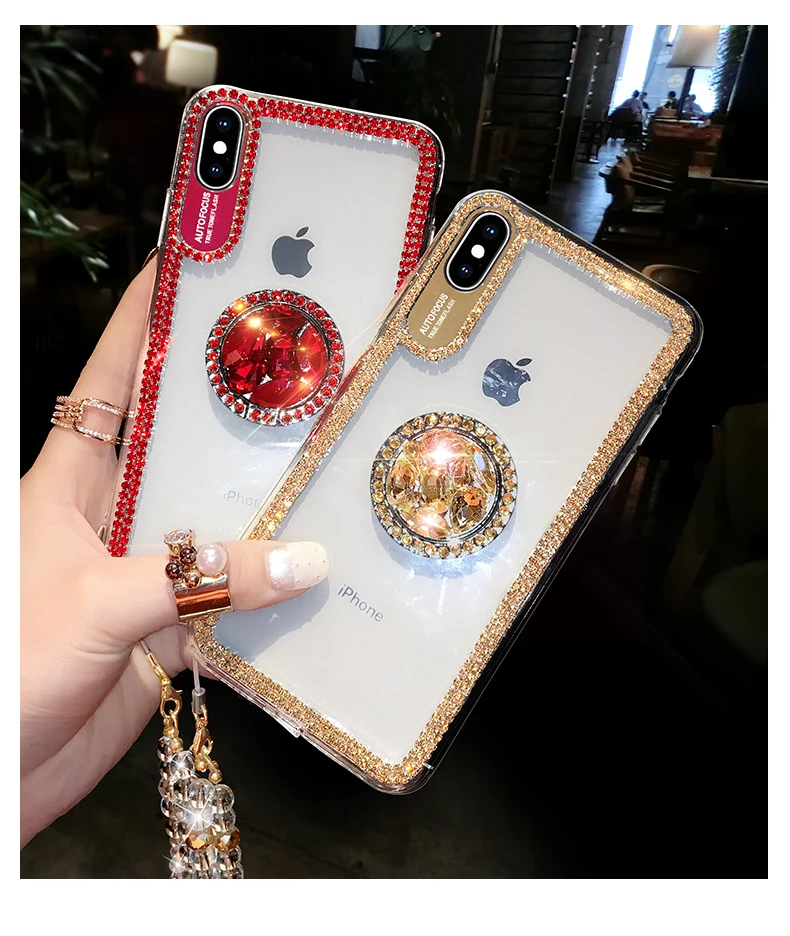 

Bling Diamond Phone Cases For iPhone 11 Pro Max XR XS MAX X 8 7 6 6S Plus Case Transparent Ring Holder Cover For iPhone XR XS