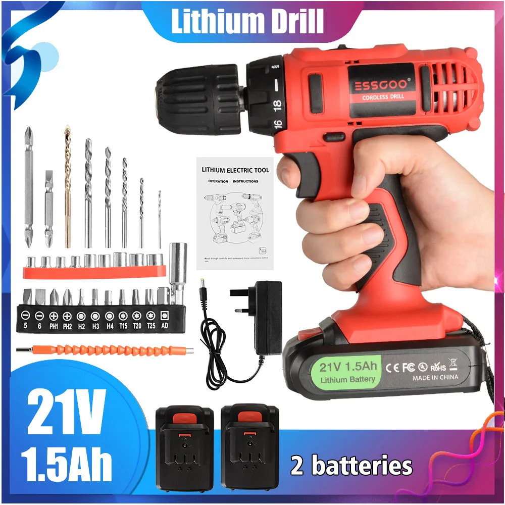 Hot Sale Products! Electric Drill 21V Electric Screwdriver Torque Cordless Drill 2 Speeds Lithium Battery Power Tools Wireless Drill Mini Hand Tool