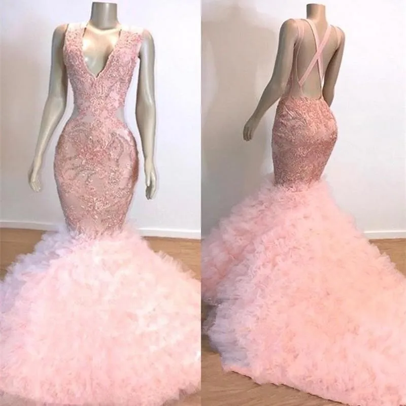 

Baby Pink Mermaid African Prom Dresses 2020 Cascading Ruffles Train Long Evening Dress with Applique Sequins Bodice Party Gowns