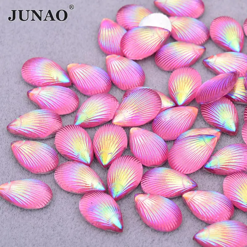 JUNAO, 10 мм, фиолетовые, AB, Кристальные, круглые, полимерные стразы в форме ракушки, стразы, плоская задняя сторона, камни, клей, аппликация для DIY ювелирных изделий - Цвет: 8x13mm-Pink AB