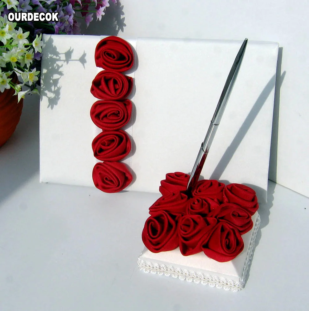 4Pcs/set Red/pink Rose Decor Wedding Satin Ring Pillow &Flower Basket&Guest Book&Pen Set for Bridal Decoration Product Supplies
