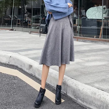 

Women High Waist A-line Bandage Bow Knit Knee Length Skirt