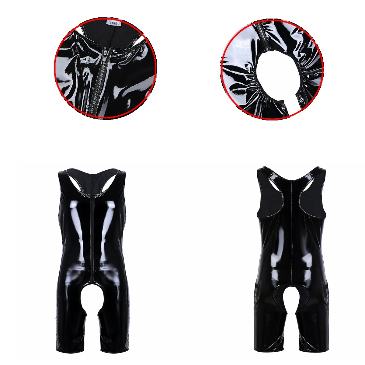 Mens Front Zipper Crotchless Singlet Boxer Bodysuit Patent Leather One-piece Sleeveless Leotard Open Legs Bodysuit Underwear