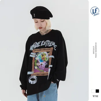 

LawFoo fall 2020 new national fashion Men's tape art frame printing men's long-sleeved T-shirt