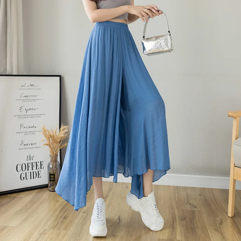 100% Linen Soft Skirt Women Double Layers Swing Skirt Irregular Hem Calf Long Relaxed Fit Female Elastic Waist Pleated Skirt