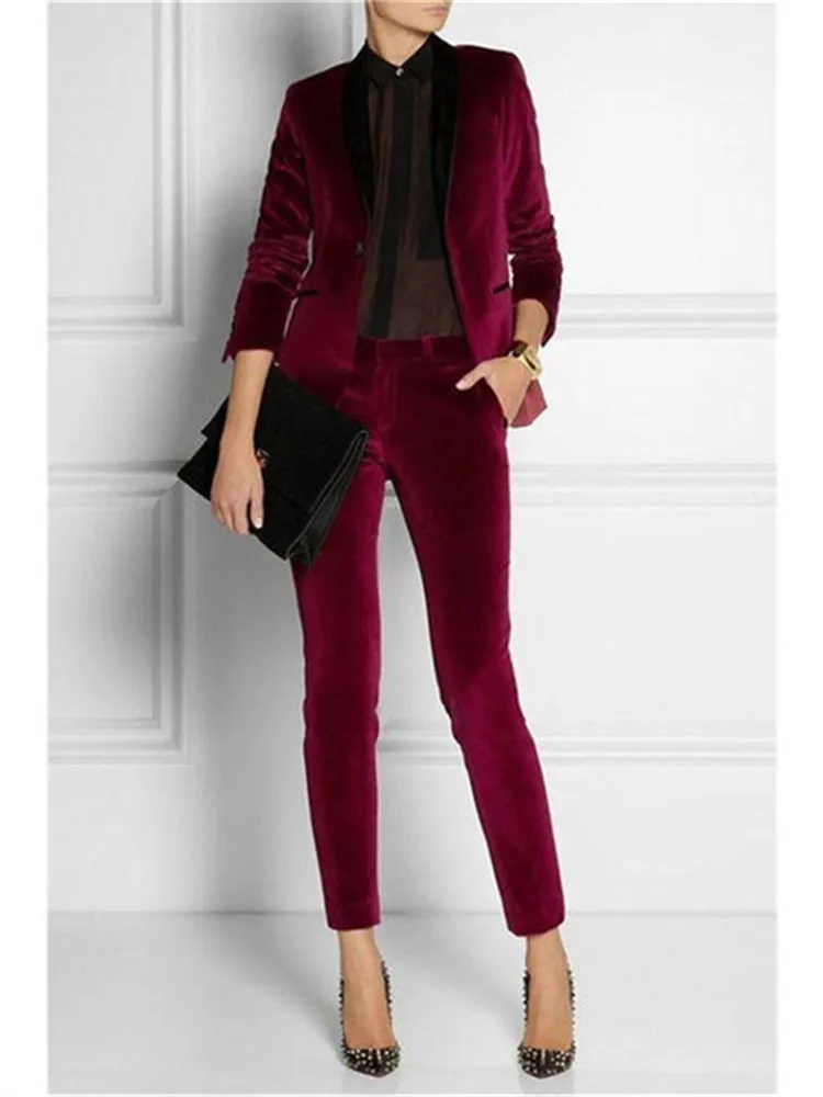 Burgundy Velvet Ladies Suits Trouser 2 