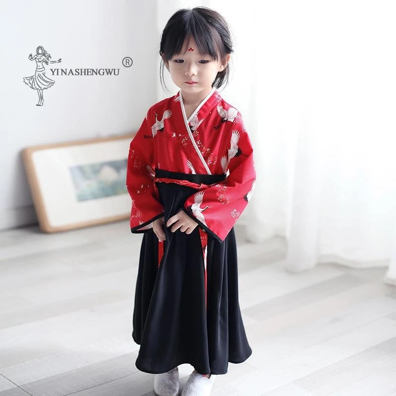 Little Girl Baby Crane Print Robe Set Japanese Girl Dress Kimono Costume Child Floral Embroidery Tops Skirt Kids Yukata Clothes japanese kimono