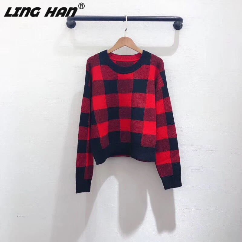 

LINGHAN winter women's sweater pullover classic Number plaid long-sleeved casual sweater high quality knitted Loose sweater