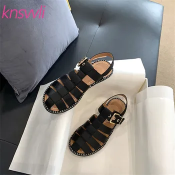 

New Black Satin Flat Sandals Women Hollow Outs Round Toe Rome Shoes Ladies Leisure Comfort Straw Rope Suture Sandalia Feminina