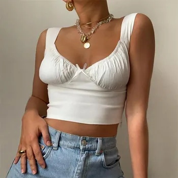 

Women Summer Crop Tops Tanks 2020 Summer White Ruched Bow Slim Camis Ladies Wide Strap Tees Skinny Femme Camisole Female Clothes