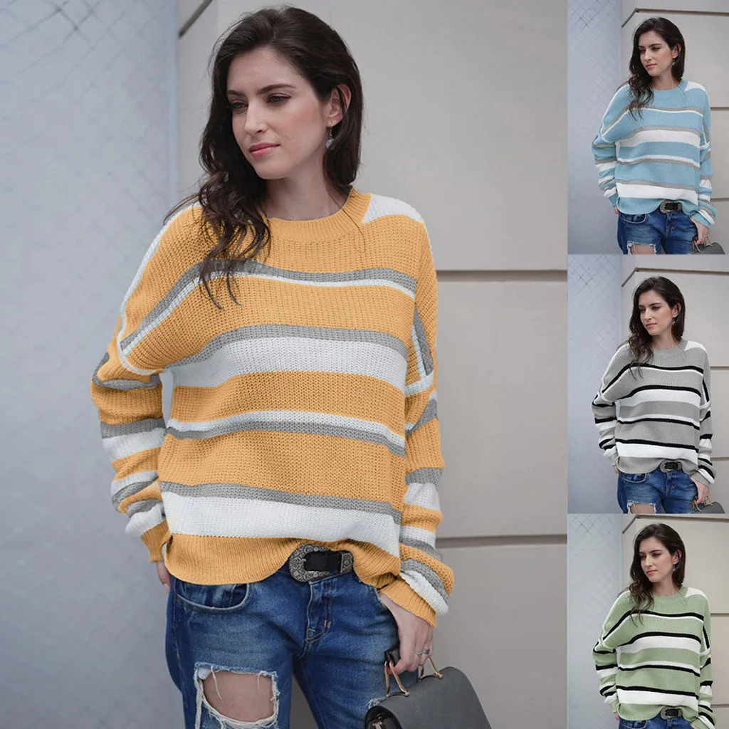 Sweater Women New Knitted Patchwork Stripe Sweater Long Sleeve O Neck Fashion Loose Sweater Female Tops 2019 Autumn Winter