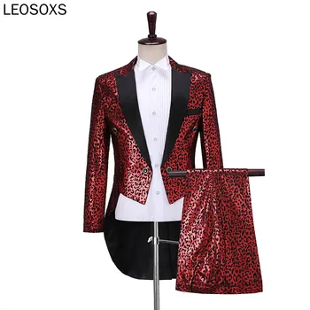 

M-2XL Mens Fashion Gold Red Leopard Print Two-piece Set Swallowtail Suit Wedding Groom Stage Singer Party Prom Dress Tuxedos