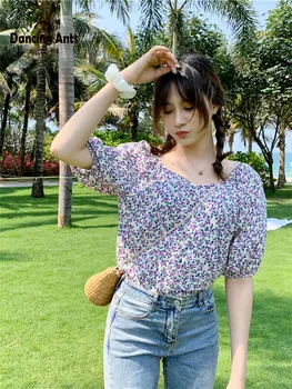 

Women Shirts Vintage Floral-Printed Single Breasted Blouse Office Lady Short Puff Sleeve Fashion V-neck Female Shirt 2020 Summer
