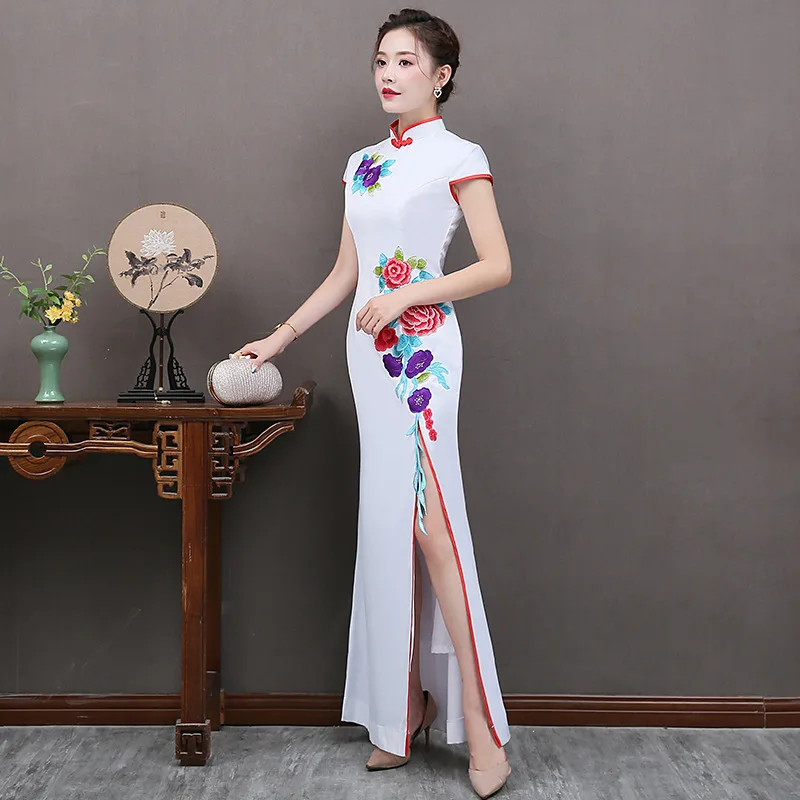 Женское длинное платье в китайском стиле с вышитыми цветами, S-5XL Cheongsam в китайском стиле с воротником-стойкой, женское тонкое вечернее платье Qipao Vestido