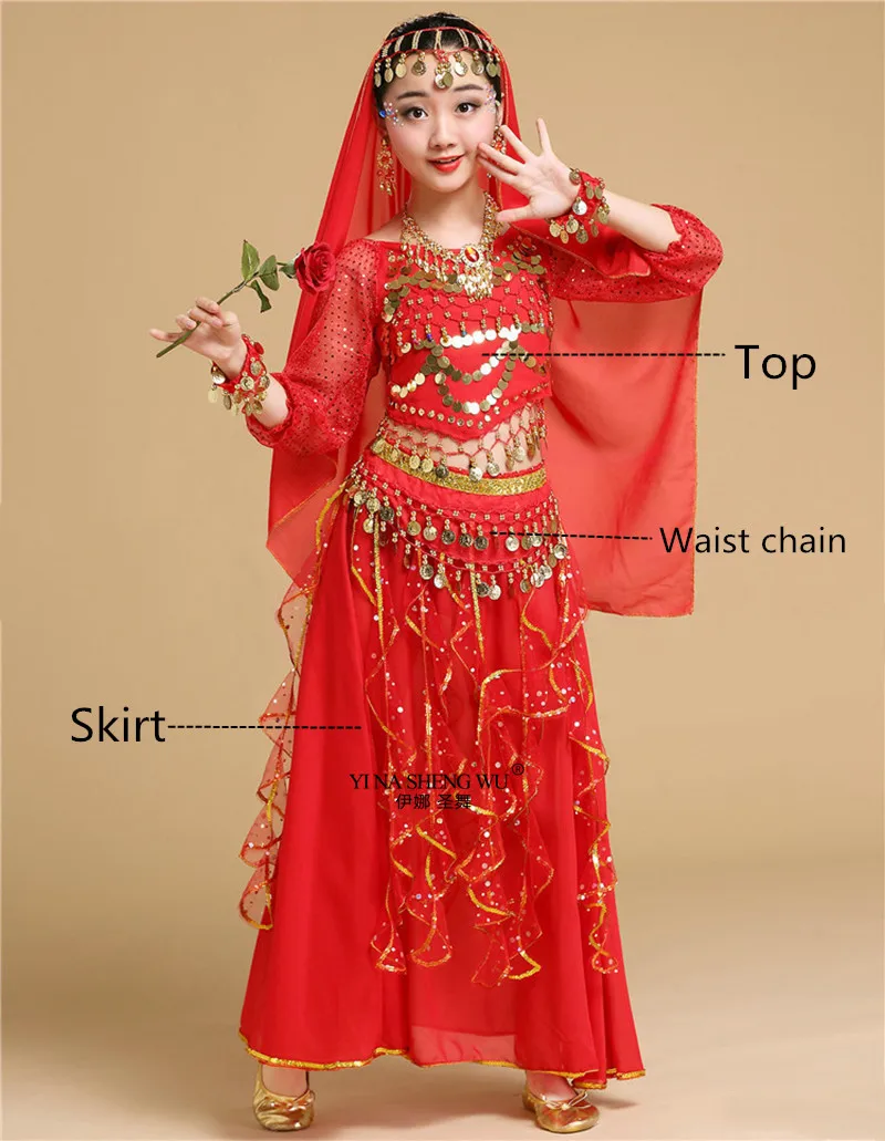 Red 3pcs Детские костюмы для танца живота для девочек, Детский костюм для танца живота, Индийский Болливуд, комплект для восточных танцев, юбка для сцены ручной работы - Цвет: Red 3pcs