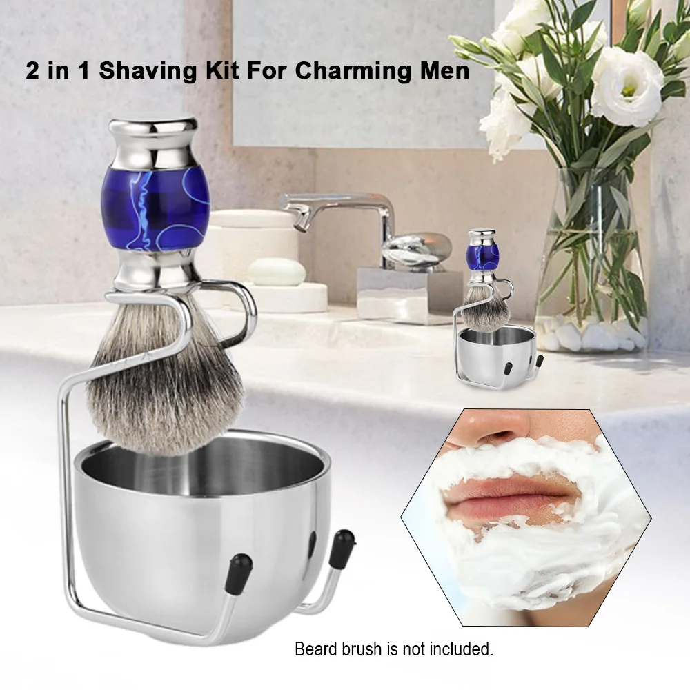2 in 1 Stainless Steel Men's Shaving Kit Shaving Brush Holder+ Soap Bowl Male Shaving Tool Set Beard Hair Removal Tools Kit
