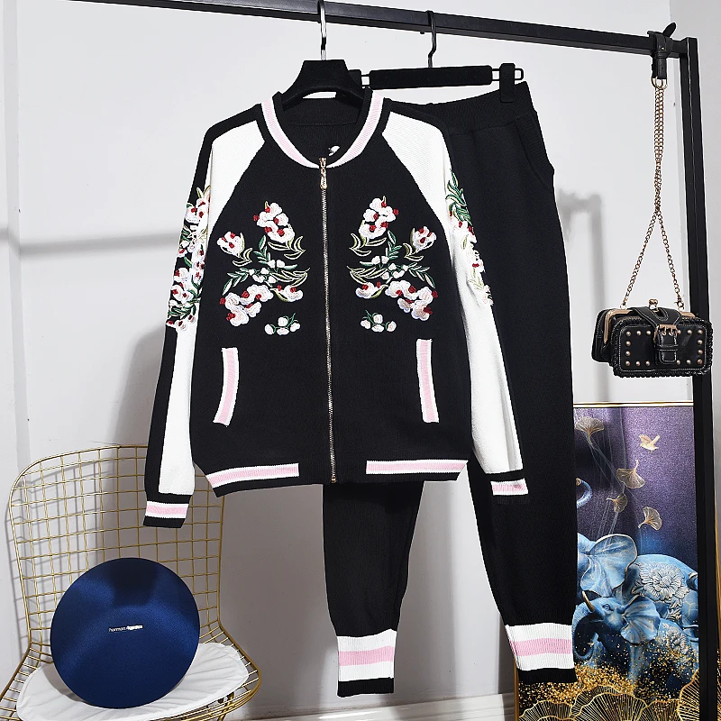 

Korean Knitted Tracksuit Women Two Piece Outfits Embroidery Flower Cardigan Sweater Pencil Pants Set Loose Knitting Suit Female