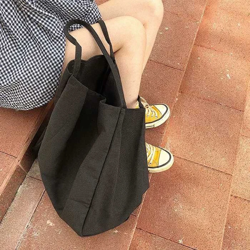 Large Canvas Tote Bag Women Capacity Travel Shopping Handbag Lady Simple Design Shoulder Bag Solid Color Reusable Books Bag