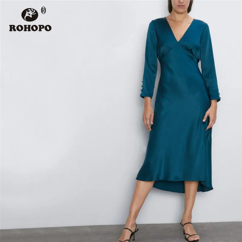 

ROHOPO V Collar Long Sleeve Stain Water Blue Midi Dress Buttons Cuff Patchaork Front High Low Pleated Hem Silky Vestido #2359