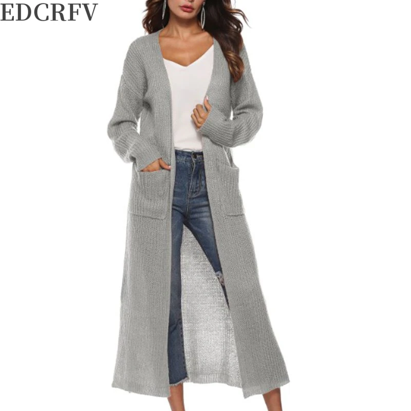 Женский кардиган с длинным рукавом и открытым передом, удлиненный кардиган с разрезом по бокам, однотонный вязаный свитер, необычное тонкое пальто с большими карманами