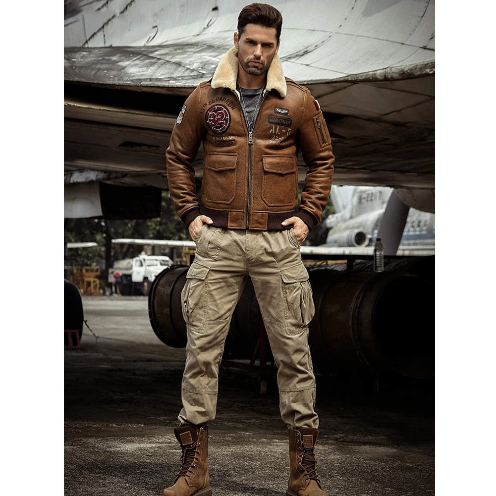 Mens Brown Shearling Jacket Leather Jacket Fur Coat Mens Airforce Flight Coat Embroidered Jacket
