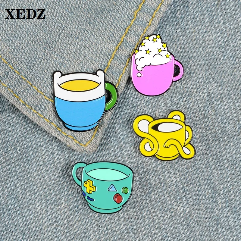 Adventure comic style coffee cup enamel pin star beer mug old game console princess pushpin punk lapel brooch party jewelry | Украшения и