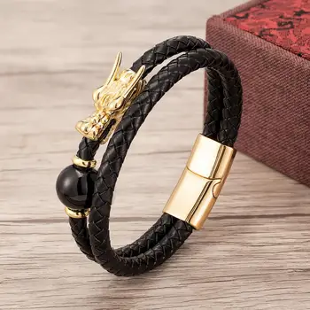 

2020 New Design Tiger Eye Bracelet Charm Natual Stone Beads Genuine Leather Men Bracelets Stainless Steel Magnetic Clasp Jewelry